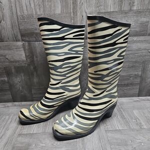 Pierre Dumas Women's Zebra Print Rain Boots With Heel Size 9M